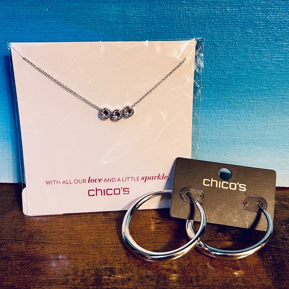 Chico's Silver Necklace and Hoop Earrings Set